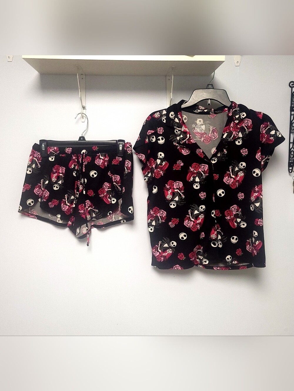 Disney Black Short-Sleeve Pajama Set with Pink Rose & Skull Print